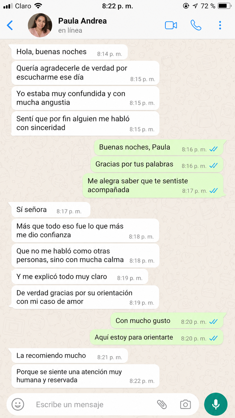 Captura de chat de WhatsApp con testimonio de Paula Andrea sobre atención sincera en amarres de amor