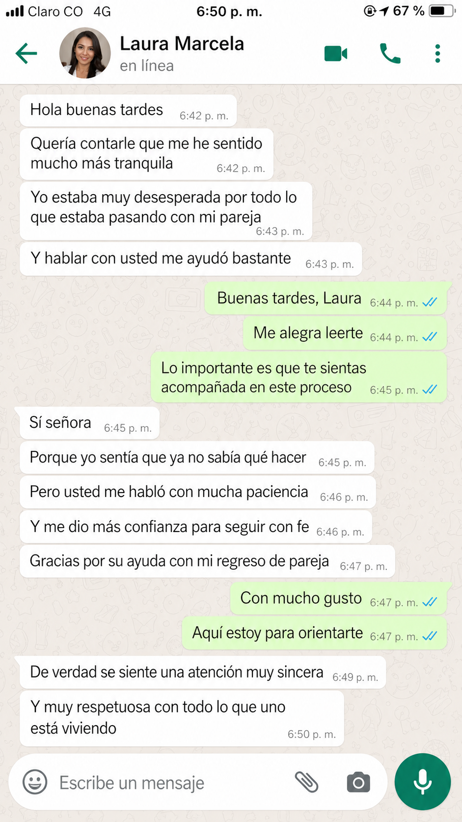 Captura de chat de WhatsApp con testimonio de Laura Marcela sobre regreso de pareja y orientación sincera