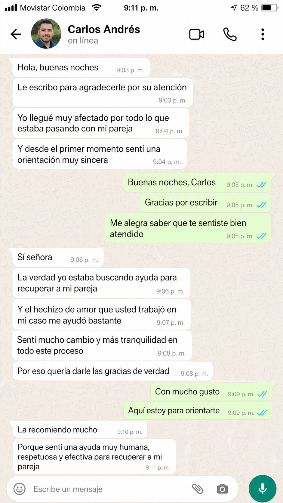 Captura de chat de WhatsApp con testimonio de Carlos Andrés sobre hechizo de amor y recuperar a su pareja