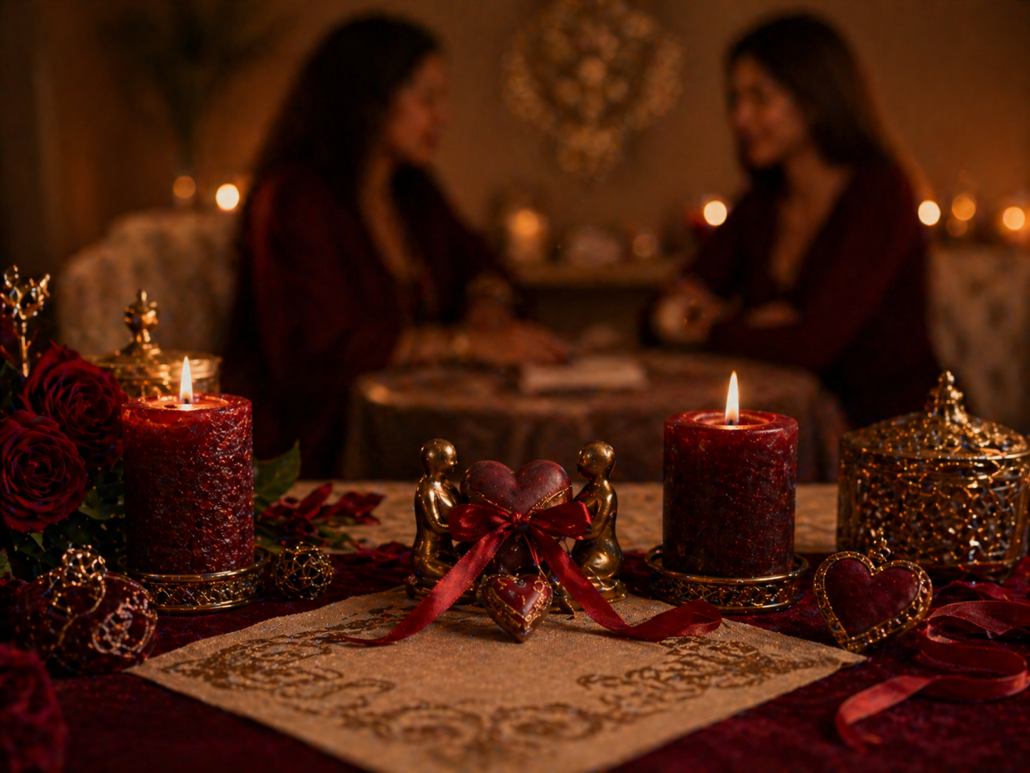 Mesa decorada con velas, rosas y lazo rojo en escena simbólica para regreso de pareja
