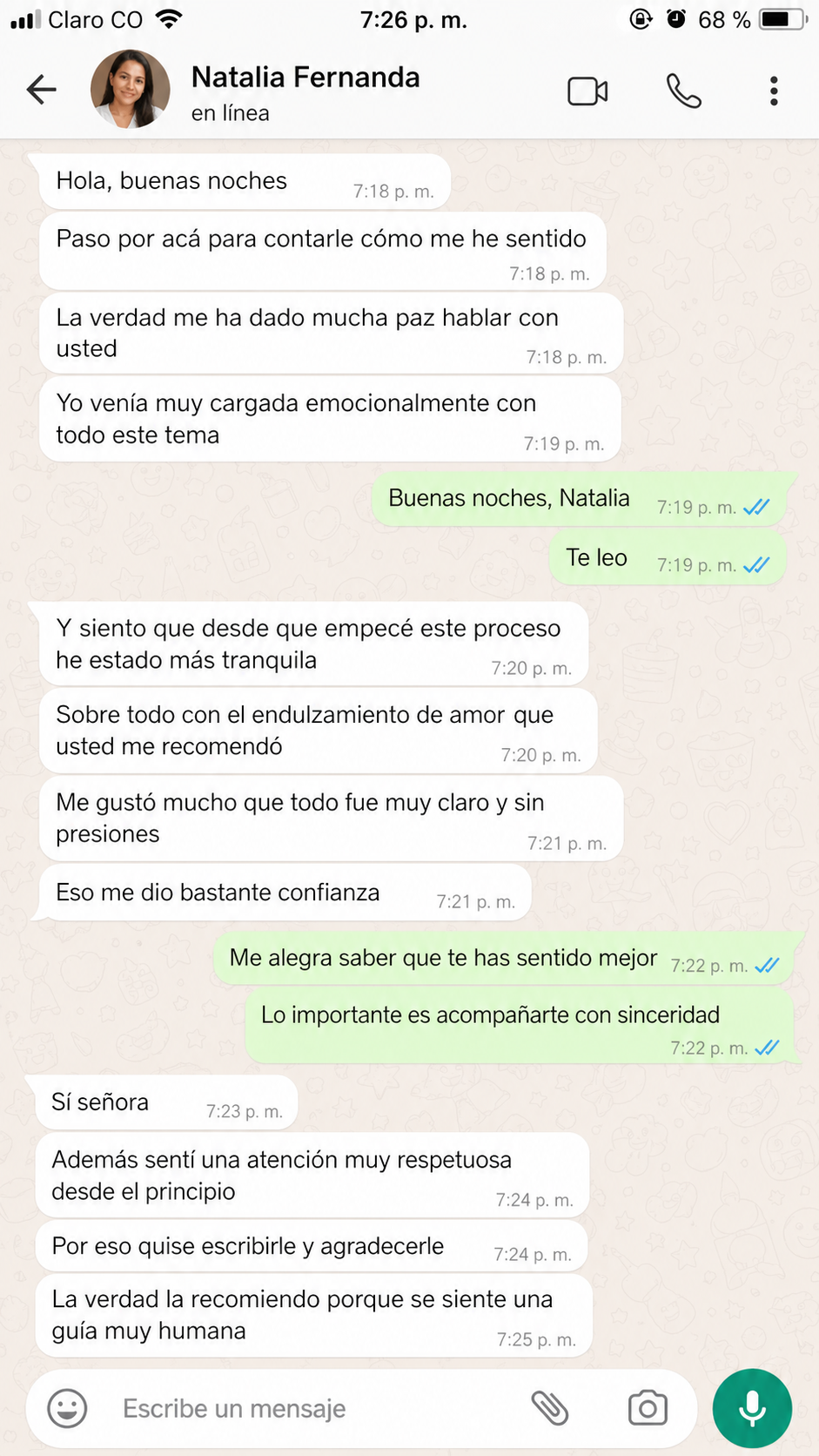 Captura de chat de WhatsApp con testimonio de Natalia Fernanda sobre endulzamiento de amor y atención espiritual sincera