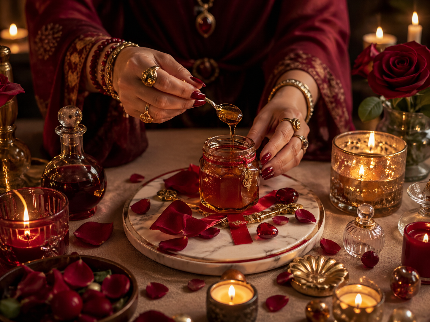 Manos preparando un endulzamiento de amor con miel, rosas y velas sobre una mesa ceremonial