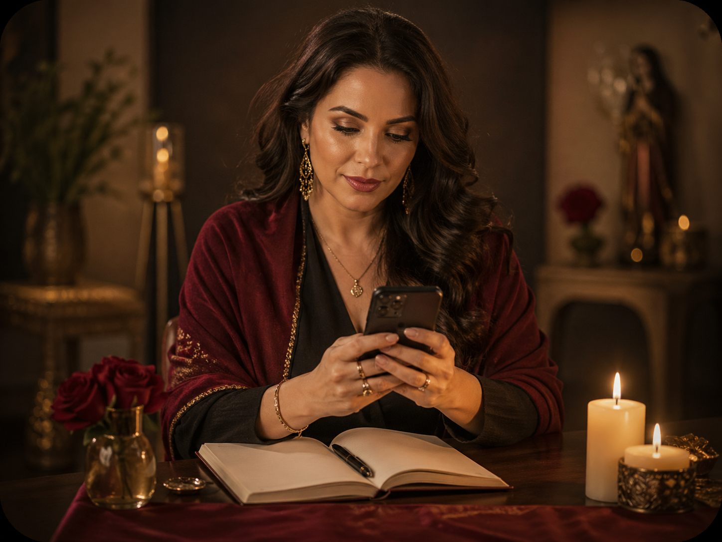Guía espiritual revisando un mensaje en su celular en una escena cálida de consulta para amarres de amor