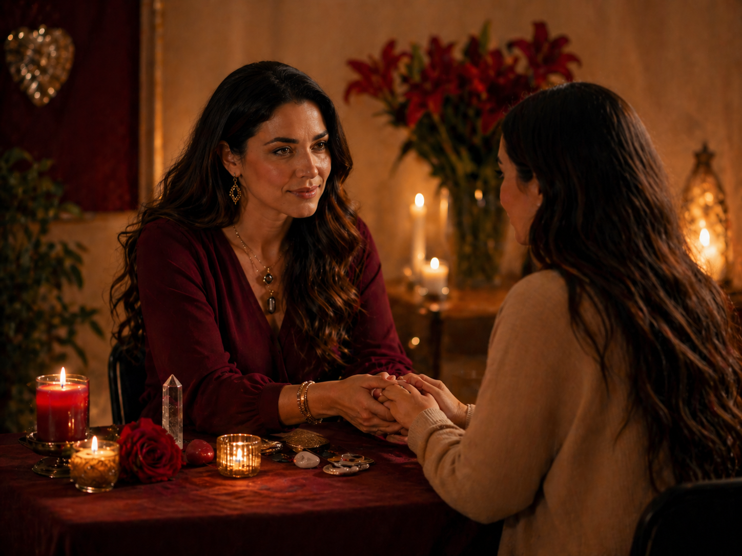 Guía espiritual acompañando a una clienta en una consulta cálida con velas, rosa y cristales