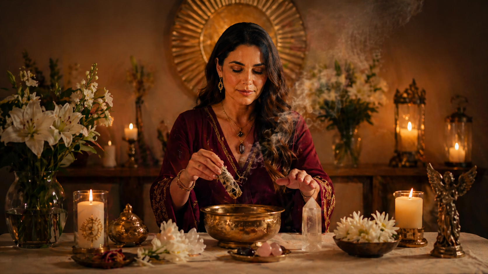 Guía espiritual realizando una limpia espiritual con velas, humo ritual y elementos de limpieza energética