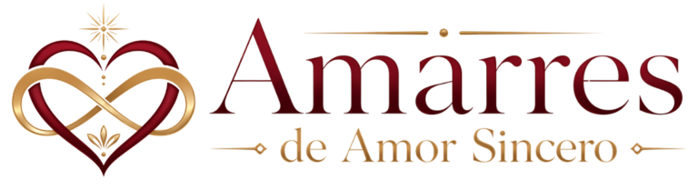 Logo de Amarres de Amor Sincero con corazón e infinito en tonos borgoña y dorado