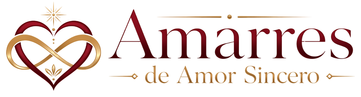 Logo de Amarres de Amor Sincero con corazón e infinito en tonos borgoña y dorado
