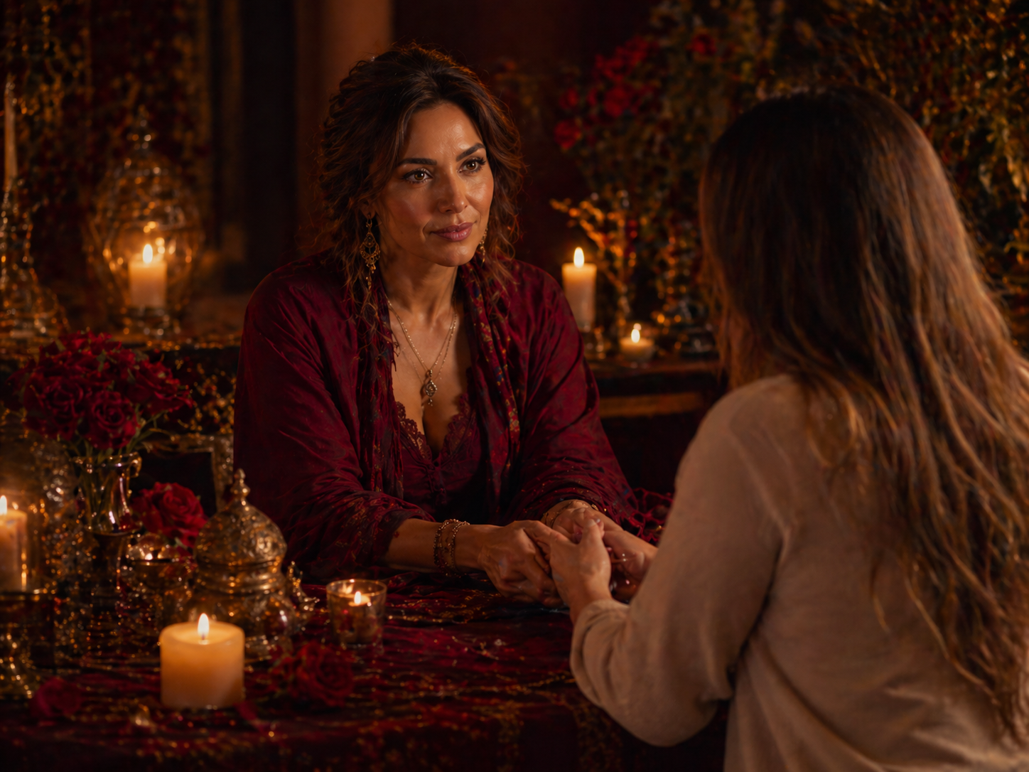 Mujer en ambiente espiritual con velas y rosas rojas para servicio de amarres de amor